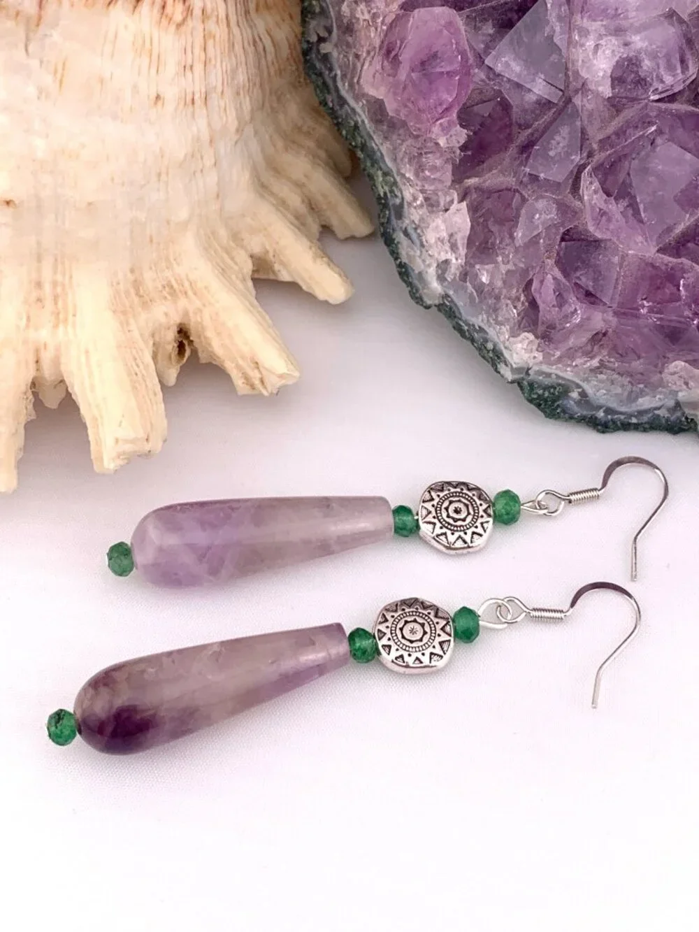 Amethyst Green Chalcedony Silvertoned Gemstone Boho Handcrafted Earrings LR210